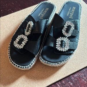 Maypol Black Leather Slide Sandals with Crystal Buckles